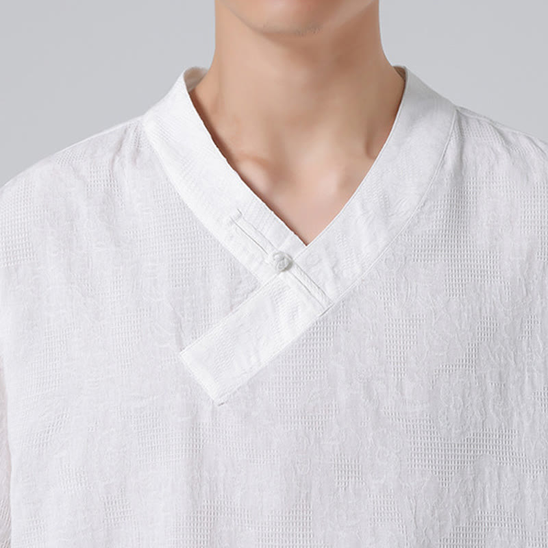 Camisa de lino y algodón de media manga para hombre, con cuello alto y botones de rana, estilo étnico desgastado con Buddha Stones , ropa de Tai Chi - image 31