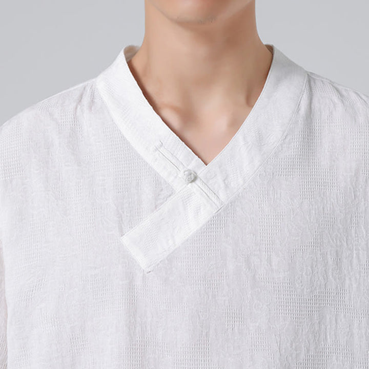 Camisa de lino y algodón de media manga para hombre, con cuello alto y botones de rana, estilo étnico desgastado con Buddha Stones , ropa de Tai Chi - image 31