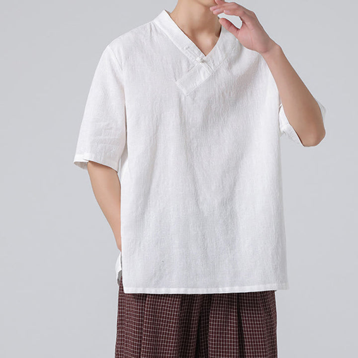 Camisa de lino y algodón de media manga para hombre, con cuello alto y botones de rana, estilo étnico desgastado con Buddha Stones , ropa de Tai Chi - image 28