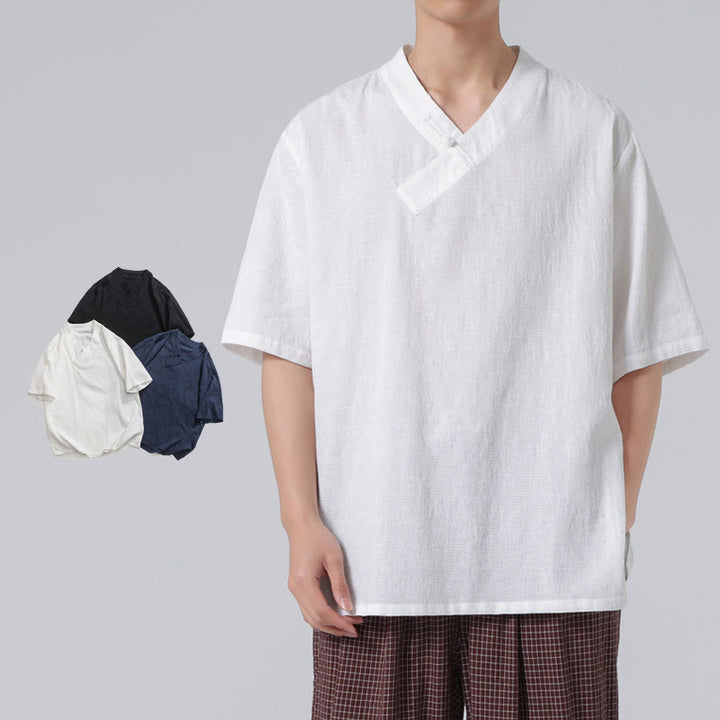 Camisa de lino y algodón de media manga para hombre, con cuello alto y botones de rana, estilo étnico desgastado con Buddha Stones , ropa de Tai Chi - image 23