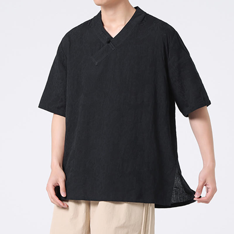 Camisa de lino y algodón de media manga para hombre, con cuello alto y botones de rana, estilo étnico desgastado con Buddha Stones , ropa de Tai Chi - image 18