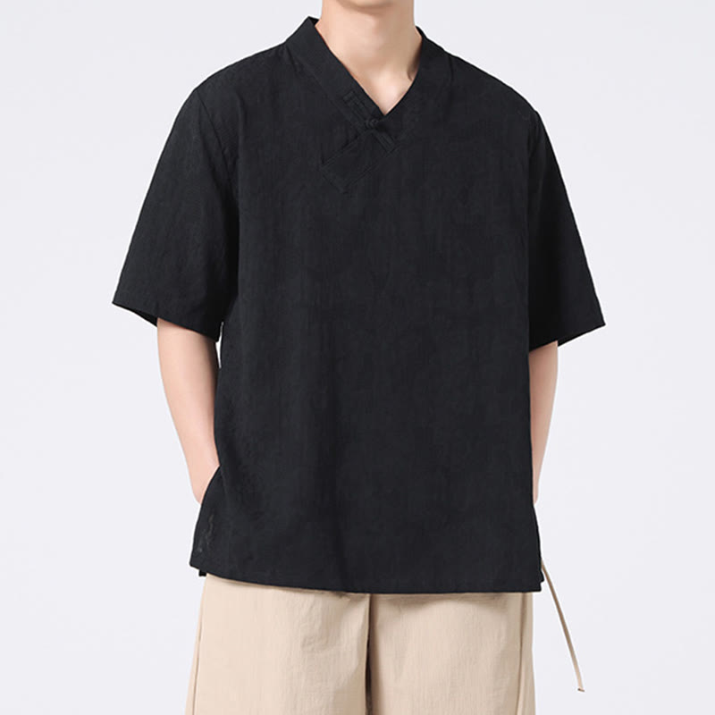 Camisa de lino y algodón de media manga para hombre, con cuello alto y botones de rana, estilo étnico desgastado con Buddha Stones , ropa de Tai Chi - image 17