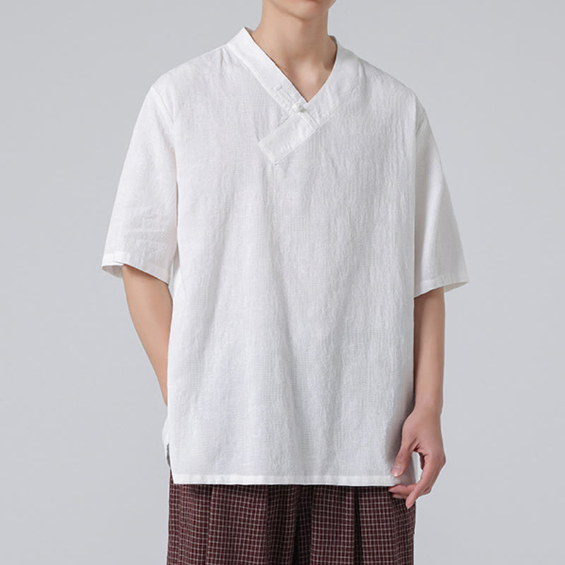 Camisa de lino y algodón de media manga para hombre, con cuello alto y botones de rana, estilo étnico desgastado con Buddha Stones , ropa de Tai Chi
