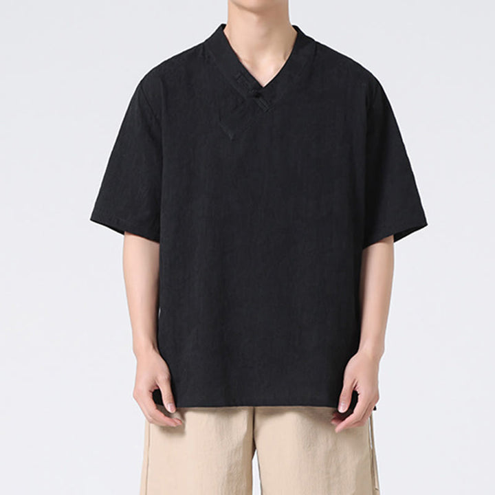 Camisa de lino y algodón de media manga para hombre, con cuello alto y botones de rana, estilo étnico desgastado con Buddha Stones , ropa de Tai Chi - image 16