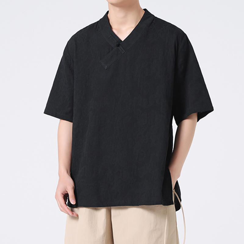 Camisa de lino y algodón de media manga para hombre, con cuello alto y botones de rana, estilo étnico desgastado con Buddha Stones , ropa de Tai Chi - image 15