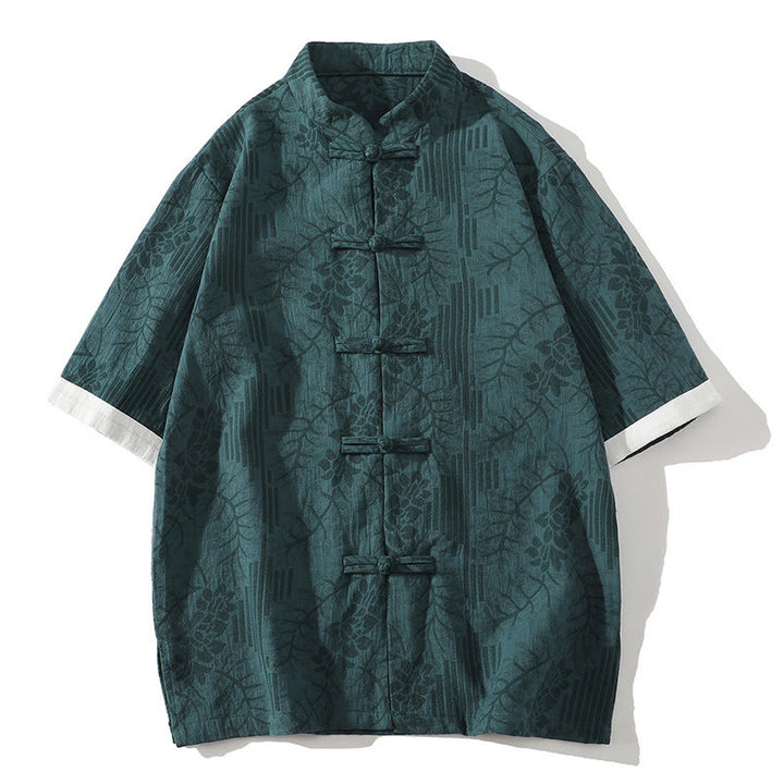 Camisa tipo cárdigan de algodón de media manga con cuello alto y estampado floral de jacquard con botones de rana para hombre, informal, de verano, con Buddha Stones - Verde azulado - US/UK/AU46, EU56 (5XL) - image 0