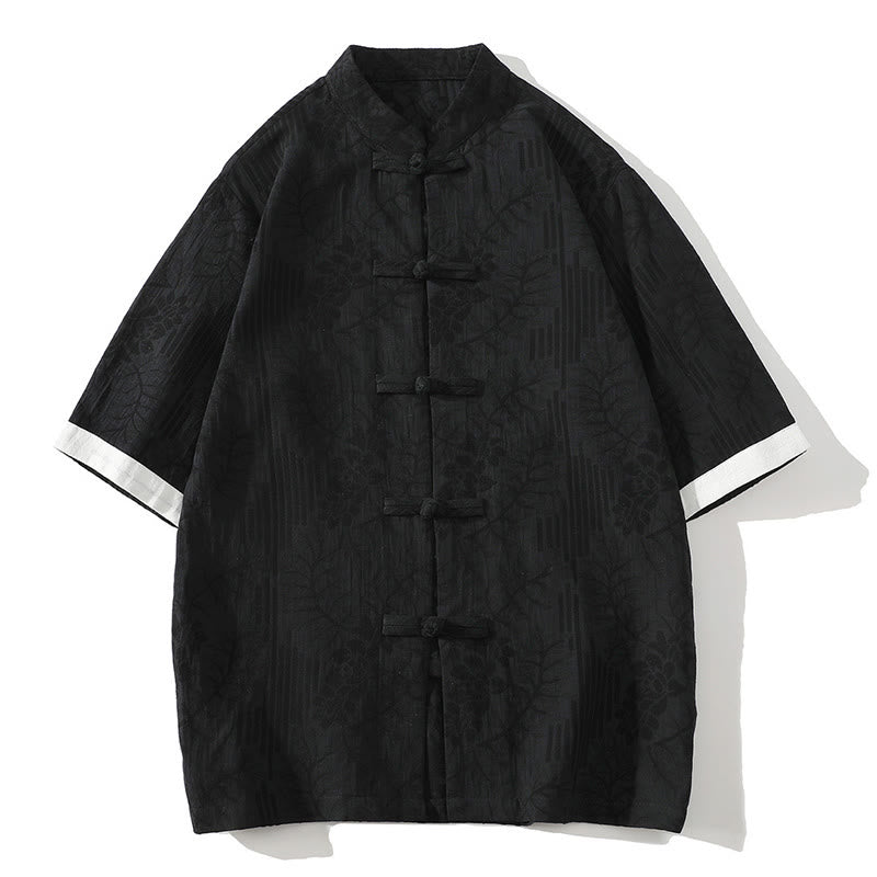 Camisa tipo cárdigan de algodón de media manga con cuello alto y estampado floral de jacquard con botones de rana para hombre, informal, de verano, con Buddha Stones - Negro - US/UK/AU46, EU56 (5XL) - image 9