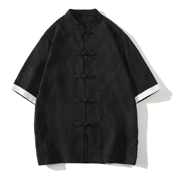 Camisa tipo cárdigan de algodón de media manga con cuello alto y estampado floral de jacquard con botones de rana para hombre, informal, de verano, con Buddha Stones - Negro - US/UK/AU46, EU56 (5XL) - image 9