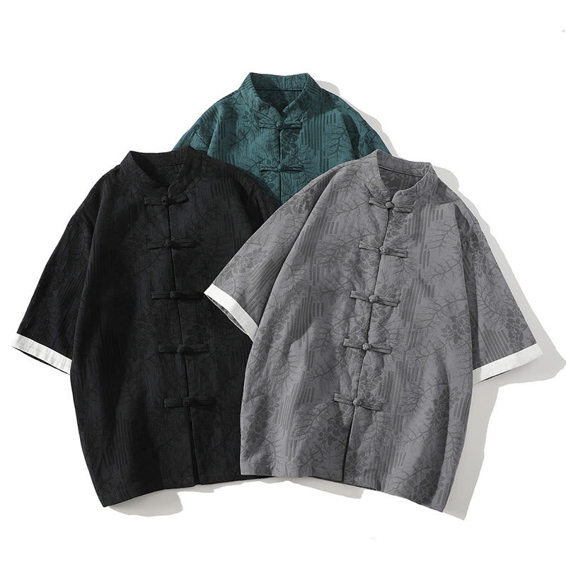 Camisa tipo cárdigan de algodón de media manga con cuello alto y estampado floral de jacquard con botones de rana para hombre, informal, de verano, con Buddha Stones