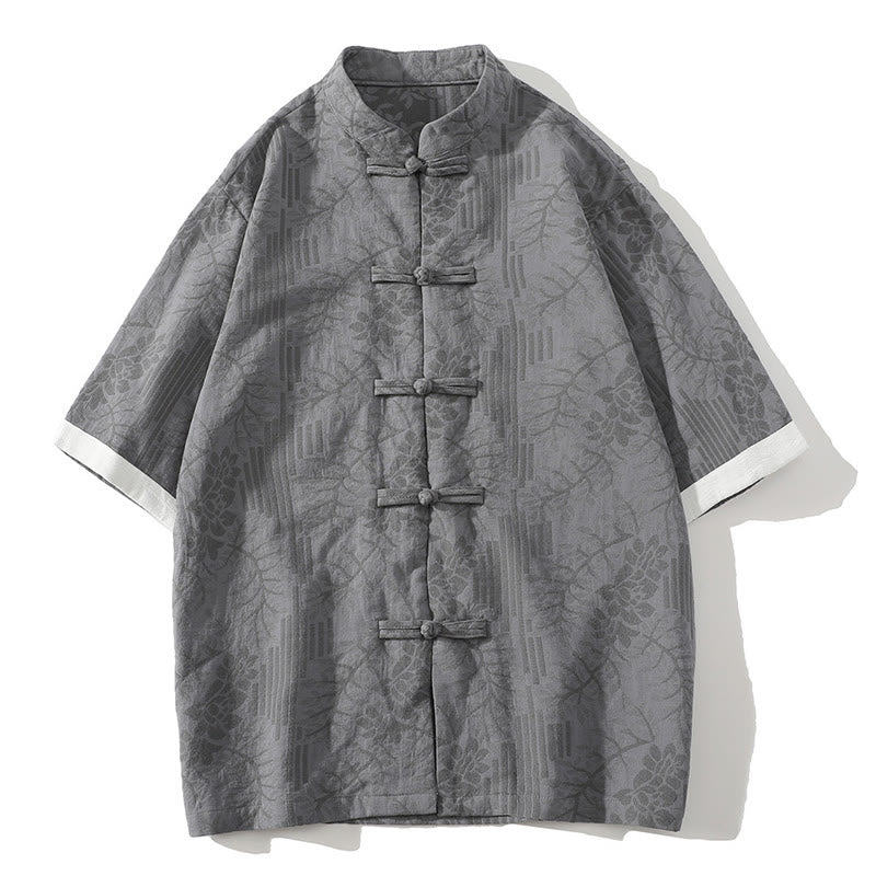 Camisa tipo cárdigan de algodón de media manga con cuello alto y estampado floral de jacquard con botones de rana para hombre, informal, de verano, con Buddha Stones - Gris oscuro - US/UK/AU46, EU56 (5XL) - image 5