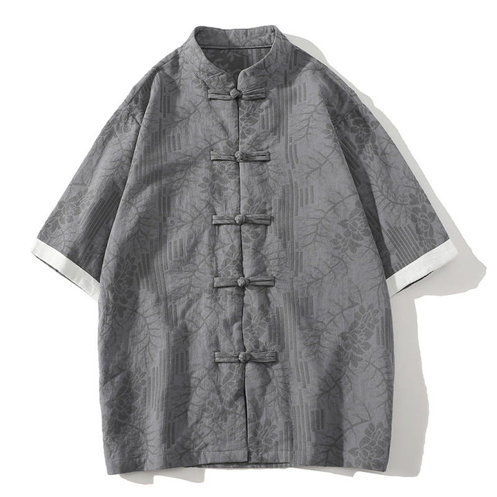 Camisa tipo cárdigan de algodón de media manga con cuello alto y estampado floral de jacquard con botones de rana para hombre, informal, de verano, con Buddha Stones - Gris oscuro - US/UK/AU46, EU56 (5XL) - image 5