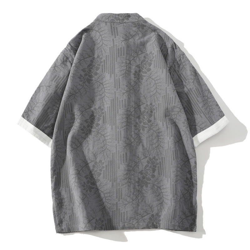 Camisa tipo cárdigan de algodón de media manga con cuello alto y estampado floral de jacquard con botones de rana para hombre, informal, de verano, con Buddha Stones
