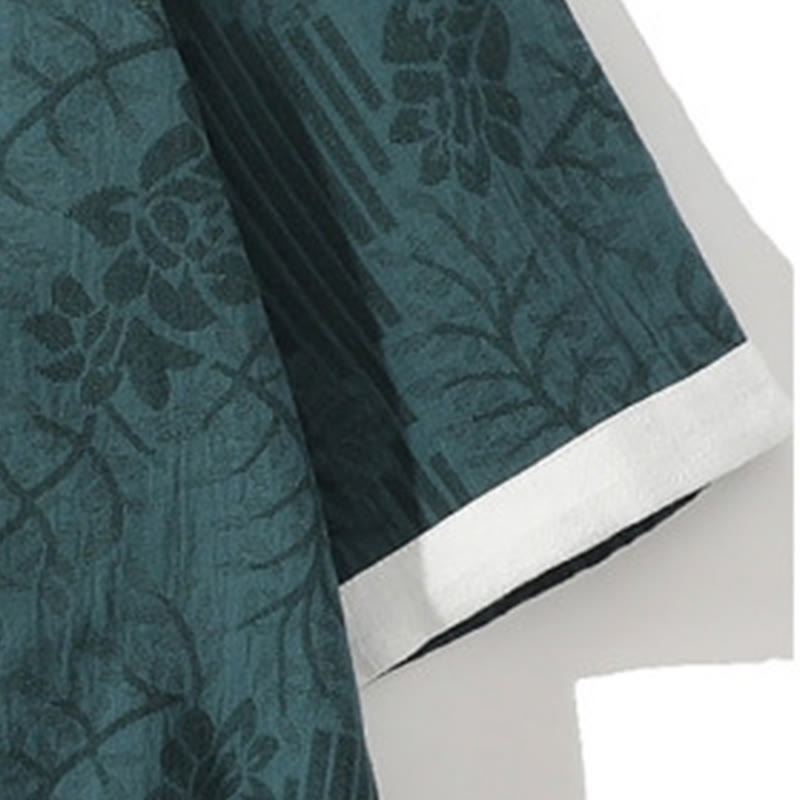 Camisa tipo cárdigan de algodón de media manga con cuello alto y estampado floral de jacquard con botones de rana para hombre, informal, de verano, con Buddha Stones - image 4