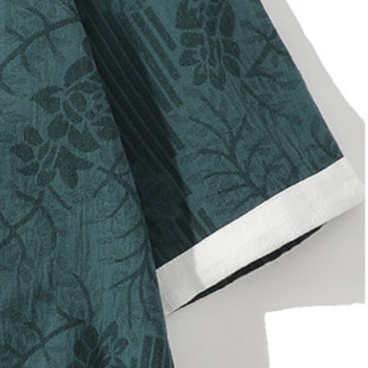 Camisa tipo cárdigan de algodón de media manga con cuello alto y estampado floral de jacquard con botones de rana para hombre, informal, de verano, con Buddha Stones - image 4