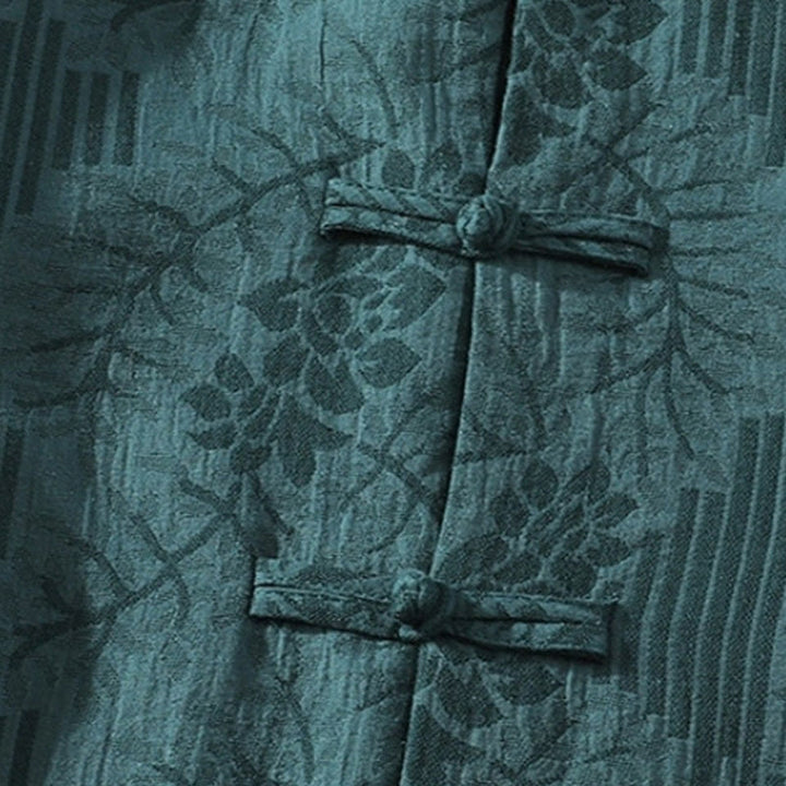 Camisa tipo cárdigan de algodón de media manga con cuello alto y estampado floral de jacquard con botones de rana para hombre, informal, de verano, con Buddha Stones - image 2