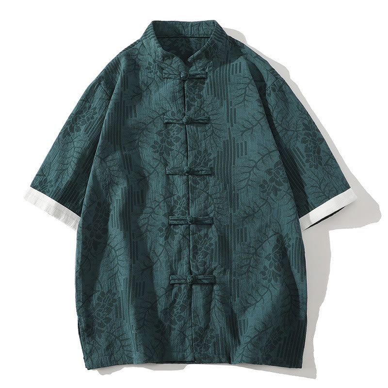 Camisa de algodón de manga corta con cuello alto y color contrastante, estilo casual de verano, con estampado floral jacquard y botones de rana, para hombre, con diseño de Buddha Stones. - Verde azulado - US/UK/AU46, EU56 (5XL) - image 0