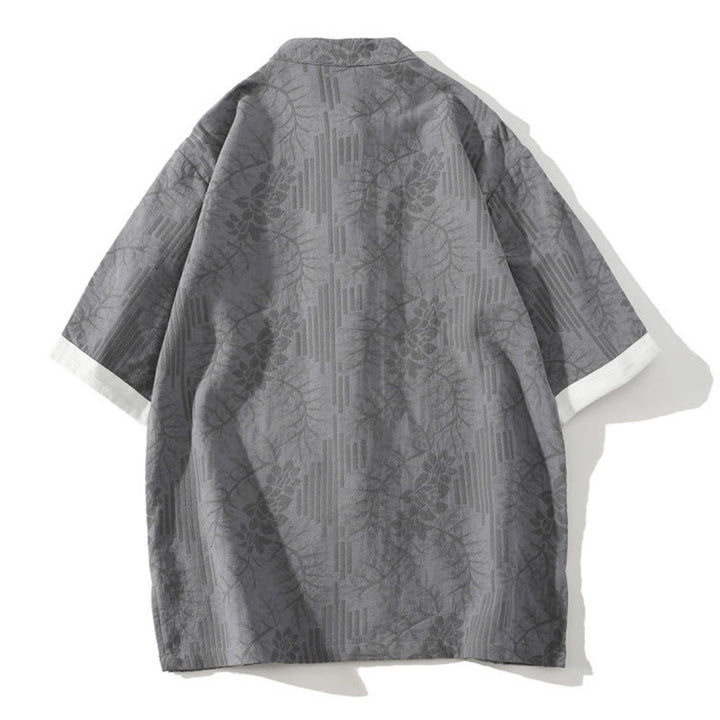 Camisa tipo cárdigan de algodón de media manga con cuello alto y estampado floral de jacquard con botones de rana para hombre, informal, de verano, con Buddha Stones - image 6