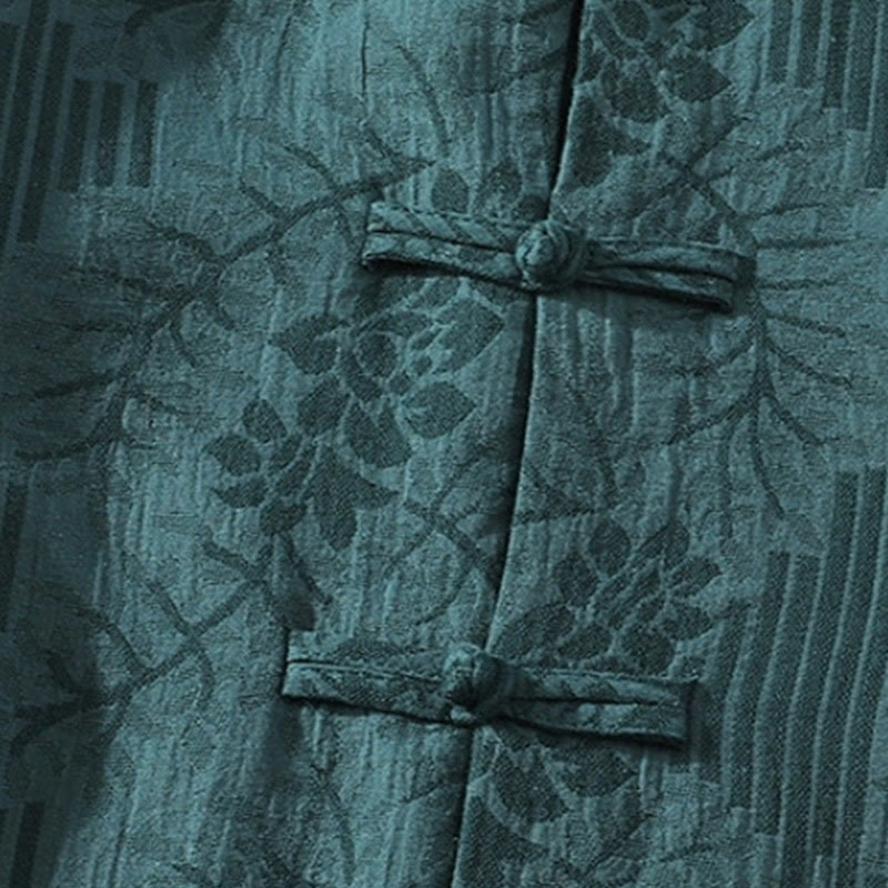 Camisa tipo cárdigan de algodón de media manga con cuello alto y estampado floral de jacquard con botones de rana para hombre, informal, de verano, con Buddha Stones