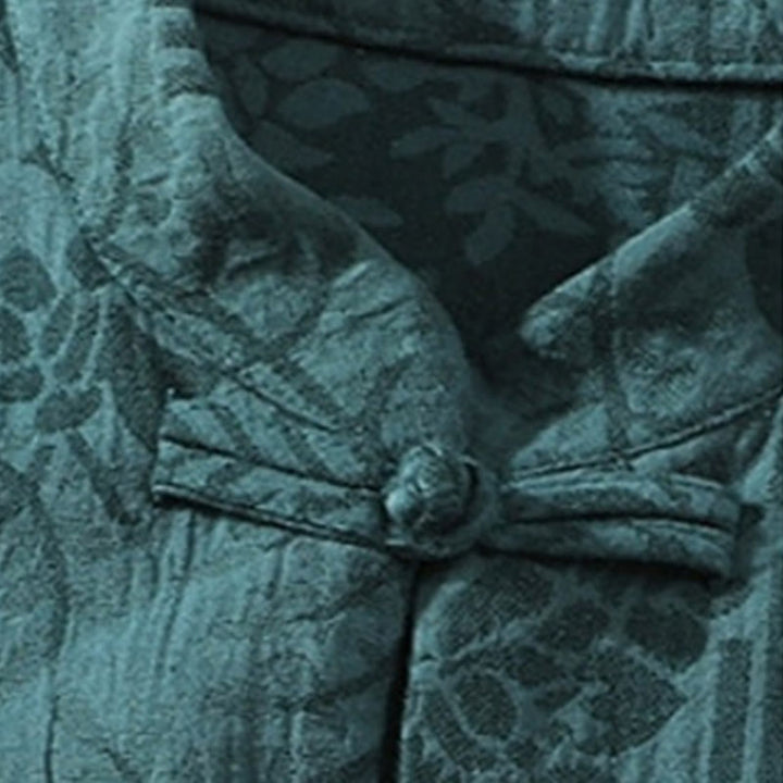 Camisa tipo cárdigan de algodón de media manga con cuello alto y estampado floral de jacquard con botones de rana para hombre, informal, de verano, con Buddha Stones