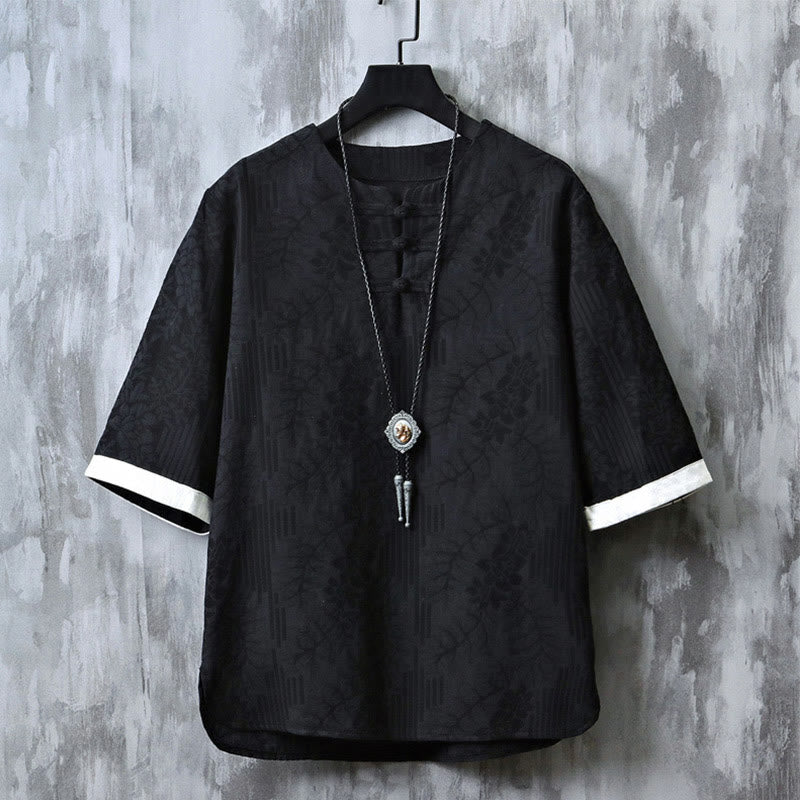 Camisa de algodón de manga corta y cuello redondo para hombre, estilo retro, informal, con diseño de rana china y botones de jacquard, con Buddha Stones - Negro - US/UK/AU46, EU56 (5XL) - image 3