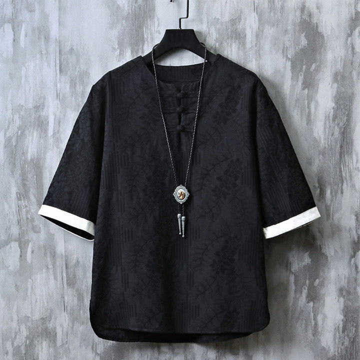 Camisa de algodón de manga corta y cuello redondo para hombre, estilo retro, informal, con diseño de rana china y botones de jacquard, con Buddha Stones - Negro - US/UK/AU46, EU56 (5XL) - image 3