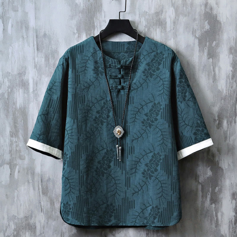 Camisa de algodón de manga corta y cuello redondo para hombre, estilo retro, informal, con diseño de rana china y botones de jacquard, con Buddha Stones - Verde azulado - US/UK/AU46, EU56 (5XL) - image 5