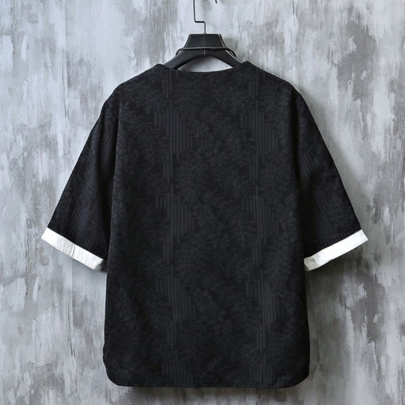 Camisa de algodón de manga corta y cuello redondo para hombre, estilo retro, informal, con diseño de rana china y botones de jacquard, con Buddha Stones - image 4