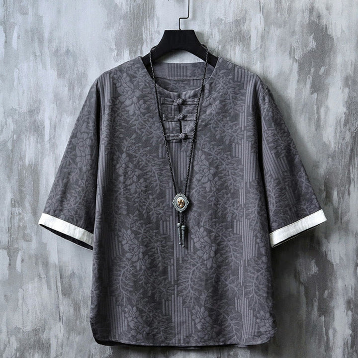 Camisa de algodón de manga corta y cuello redondo para hombre, estilo retro, informal, con diseño de rana china y botones de jacquard, con Buddha Stones - Gris tenue - US/UK/AU46, EU56 (5XL) - image 0