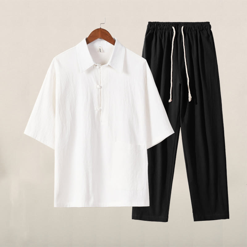 Conjunto de 2 piezas de ropa de meditación de algodón y lino con bolsillos para hombre, con diseño de medio botón, camisa y pantalones con cordón, color puro y casual, con Buddha Stones - Top blanco y pantalones negros - US/UK/AU46, EU56 (5XL) - image 0