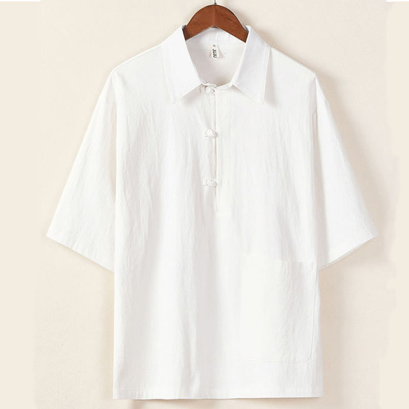 Conjunto de 2 piezas de ropa de meditación de algodón y lino con bolsillos para hombre, con diseño de medio botón, camisa y pantalones con cordón, color puro y casual, con Buddha Stones - image 1