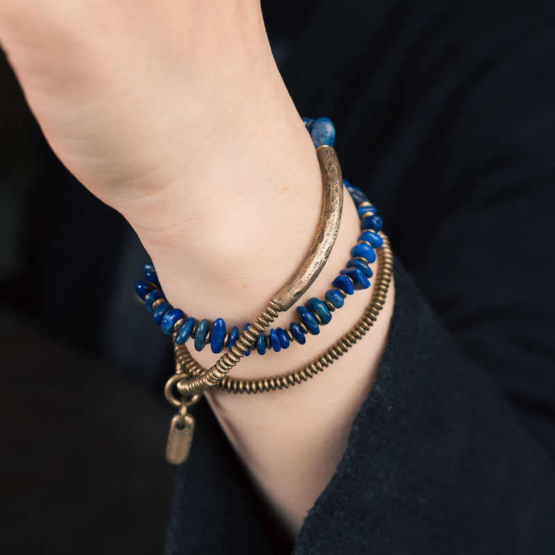 Pulsera de equilibrio de lapislázuli y lazurita con forma irregular de Buddha Stones y triple vuelta - image 8