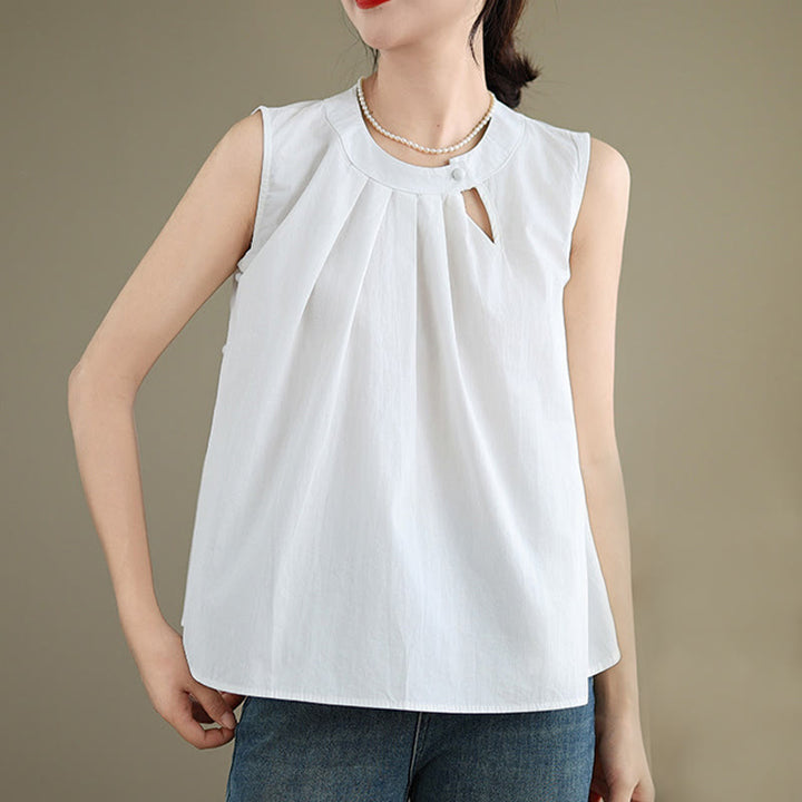 Chaleco de lino y algodón para mujer, sin mangas, con cuello halter, diseño plisado, color liso, con Buddha Stones, para verano