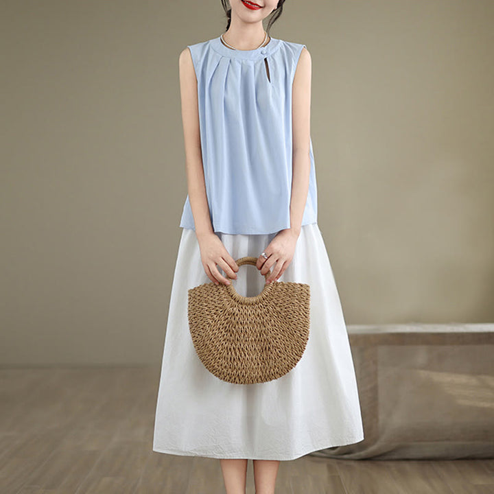 Chaleco de lino y algodón para mujer, sin mangas, con cuello halter, diseño plisado, color liso, con Buddha Stones, para verano - image 4