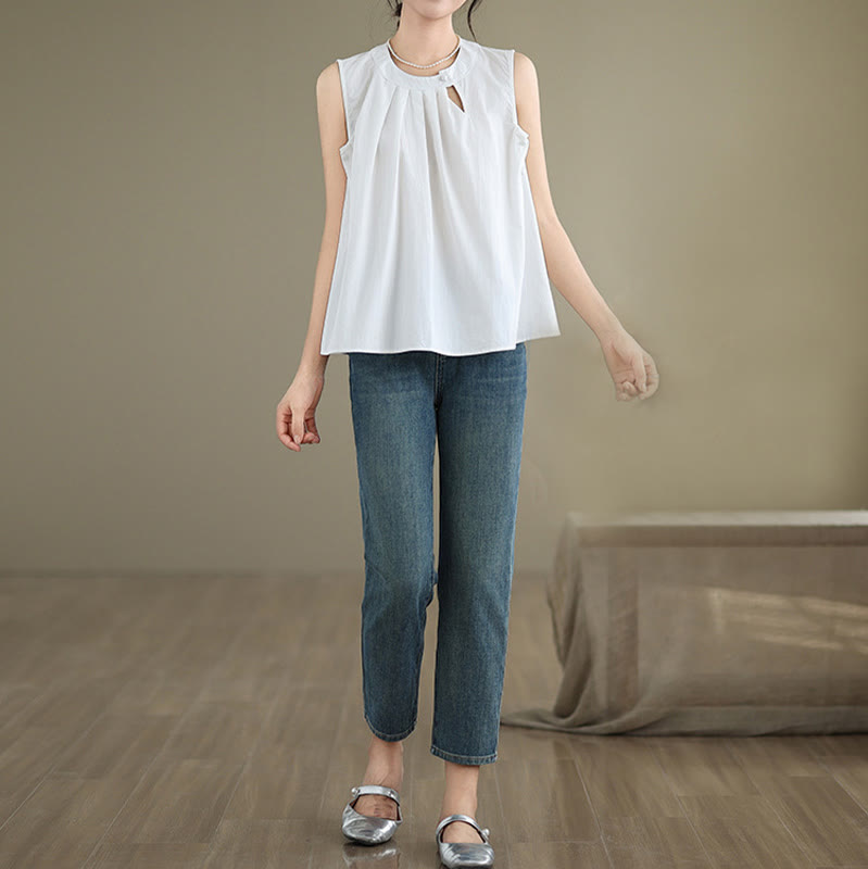 Chaleco de lino y algodón para mujer, sin mangas, con cuello halter, diseño plisado, color liso, con Buddha Stones, para verano - image 16