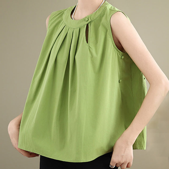 Chaleco de lino y algodón para mujer, sin mangas, con cuello halter, diseño plisado, color liso, con Buddha Stones, para verano - image 23