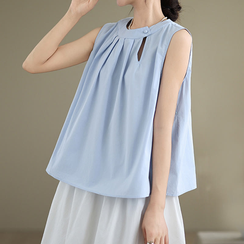 Chaleco de lino y algodón para mujer, sin mangas, con cuello halter, diseño plisado, color liso, con Buddha Stones, para verano - image 2