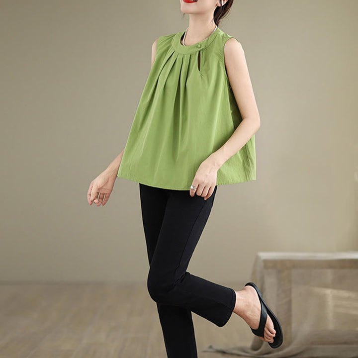 Chaleco de lino y algodón para mujer, sin mangas, con cuello halter, diseño plisado, color liso, con Buddha Stones, para verano - image 22