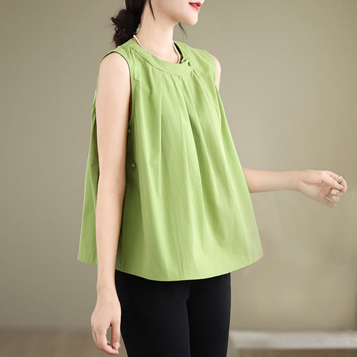 Chaleco de lino y algodón para mujer, sin mangas, con cuello halter, diseño plisado, color liso, con Buddha Stones, para verano - image 19