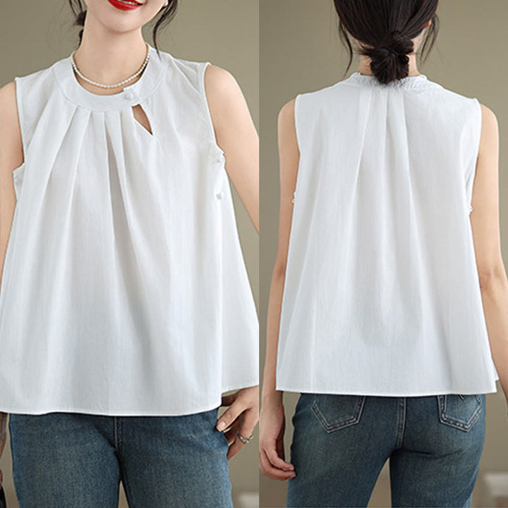 Chaleco de lino y algodón para mujer, sin mangas, con cuello halter, diseño plisado, color liso, con Buddha Stones, para verano - image 17