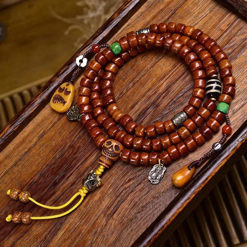 Mala de fuerza de 108 cuentas de hueso tibetano con Buddha Stones y cuentas Dzi
