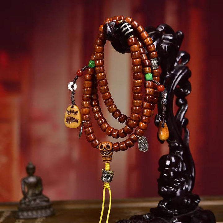 Mala de fuerza de 108 cuentas de hueso tibetano con Buddha Stones y cuentas Dzi