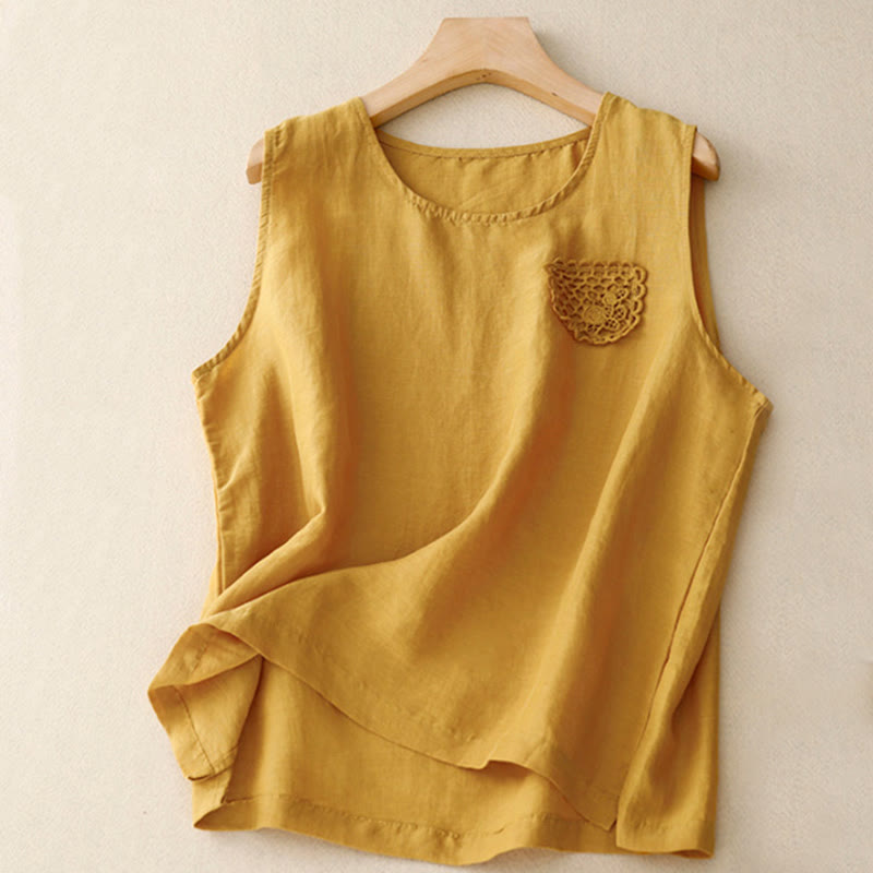 Chaleco de lino y algodón para mujer, sin mangas, cuello redondo, informal, con bordado de Buddha Stones, diseño de patchwork, de color puro - Oro - US12, UK/AU16, EU44 (3XL) - image 0