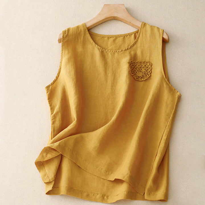Chaleco de lino y algodón para mujer, sin mangas, cuello redondo, informal, con bordado de Buddha Stones, diseño de patchwork, de color puro - Oro - US12, UK/AU16, EU44 (3XL) - image 0