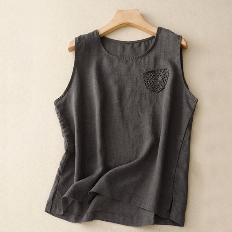 Chaleco de lino y algodón para mujer, sin mangas, cuello redondo, informal, con bordado de Buddha Stones, diseño de patchwork, de color puro - Verde oliva oscuro - US12, UK/AU16, EU44 (3XL) - image 15