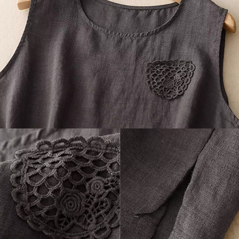 Chaleco de lino y algodón para mujer, sin mangas, cuello redondo, informal, con bordado de Buddha Stones, diseño de patchwork, de color puro - image 18