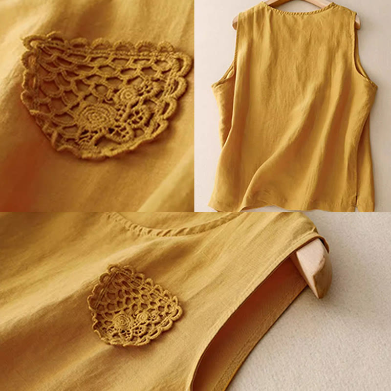 Chaleco de lino y algodón para mujer, sin mangas, cuello redondo, informal, con bordado de Buddha Stones, diseño de patchwork, de color puro - image 6