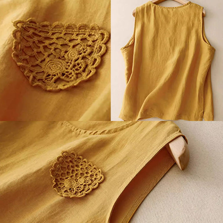Chaleco de lino y algodón para mujer, sin mangas, cuello redondo, informal, con bordado de Buddha Stones, diseño de patchwork, de color puro - image 6
