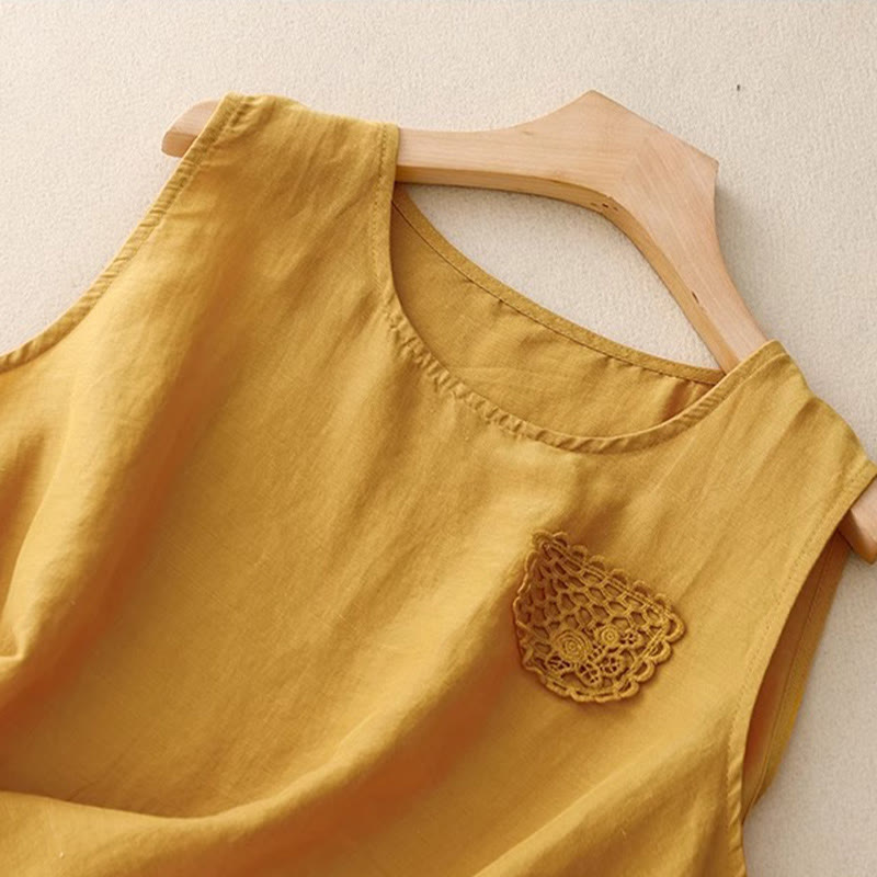 Chaleco de lino y algodón para mujer, sin mangas, cuello redondo, informal, con bordado de Buddha Stones, diseño de patchwork, de color puro - image 1