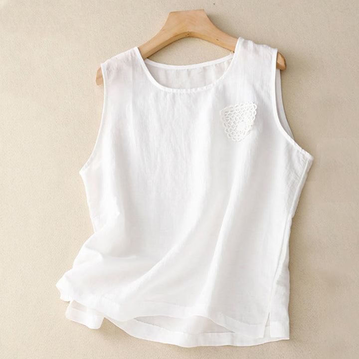 Chaleco de lino y algodón para mujer, sin mangas, cuello redondo, informal, con bordado de Buddha Stones, diseño de patchwork, de color puro - Blanco - US12, UK/AU16, EU44 (3XL) - image 19