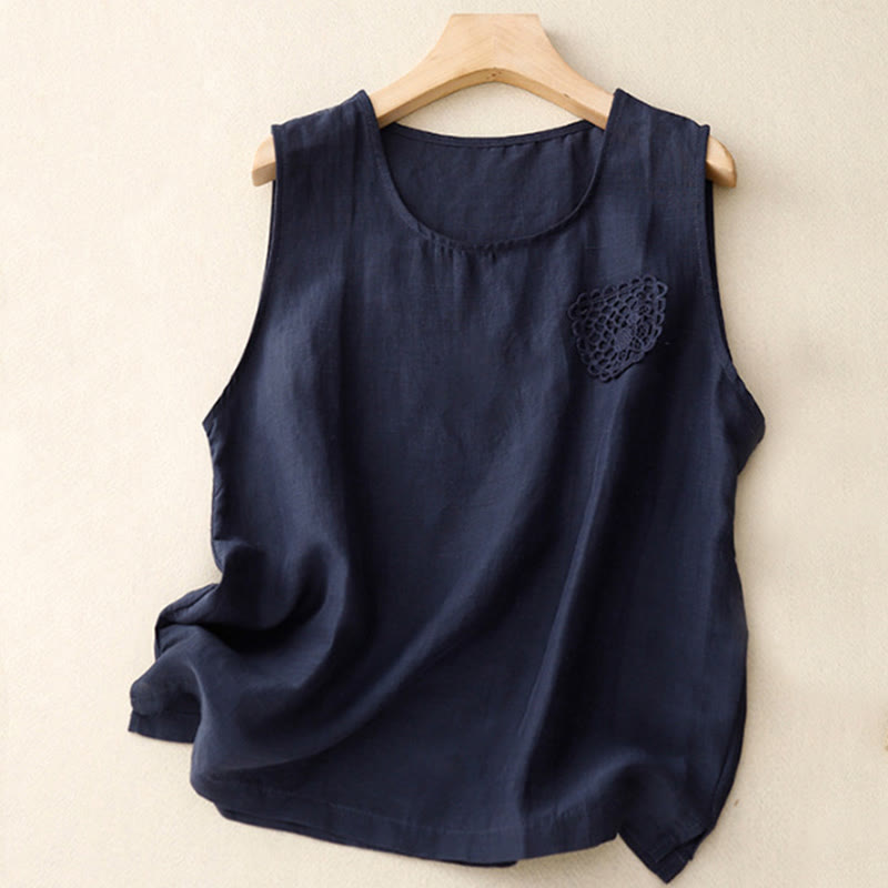 Chaleco de lino y algodón para mujer, sin mangas, cuello redondo, informal, con bordado de Buddha Stones, diseño de patchwork, de color puro - Azul medianoche - US12, UK/AU16, EU44 (3XL) - image 7